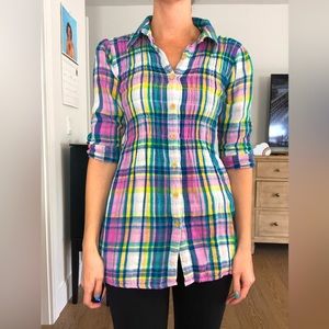 Street Flower Rainbow Plaid Smocked Top